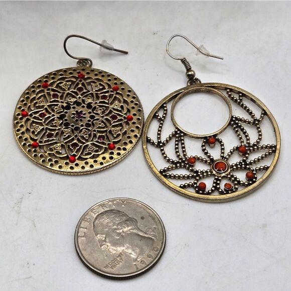 "5/$25" Mismatched Gold/ Red Madala Circle Disc Dangle Earrings - Picture 5 of 6
